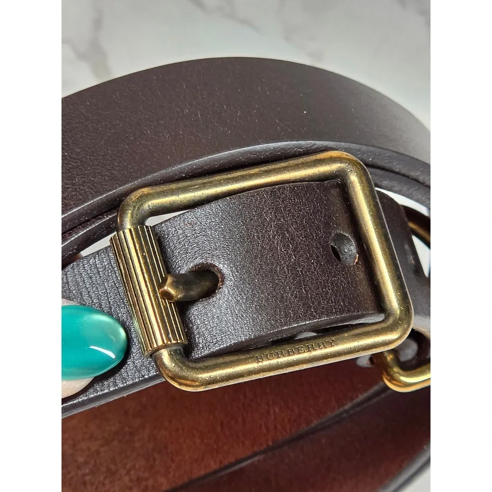 Burberry Mens Dark Brown Leather Belt 44 110 Made in Italy Antique Brass Buckle
